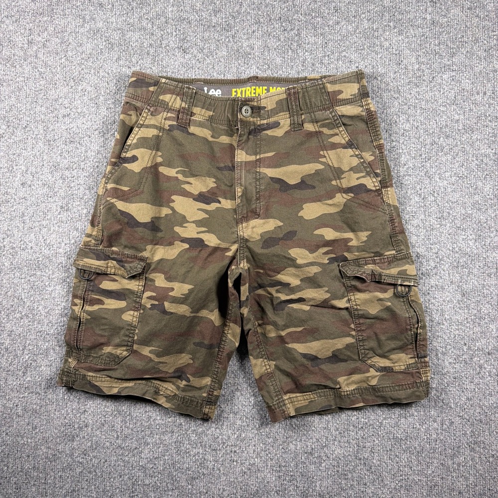 Lee Exreme Motion Stretch Cargo Shorts Mens 30 Green Camo Relaxed Fit
